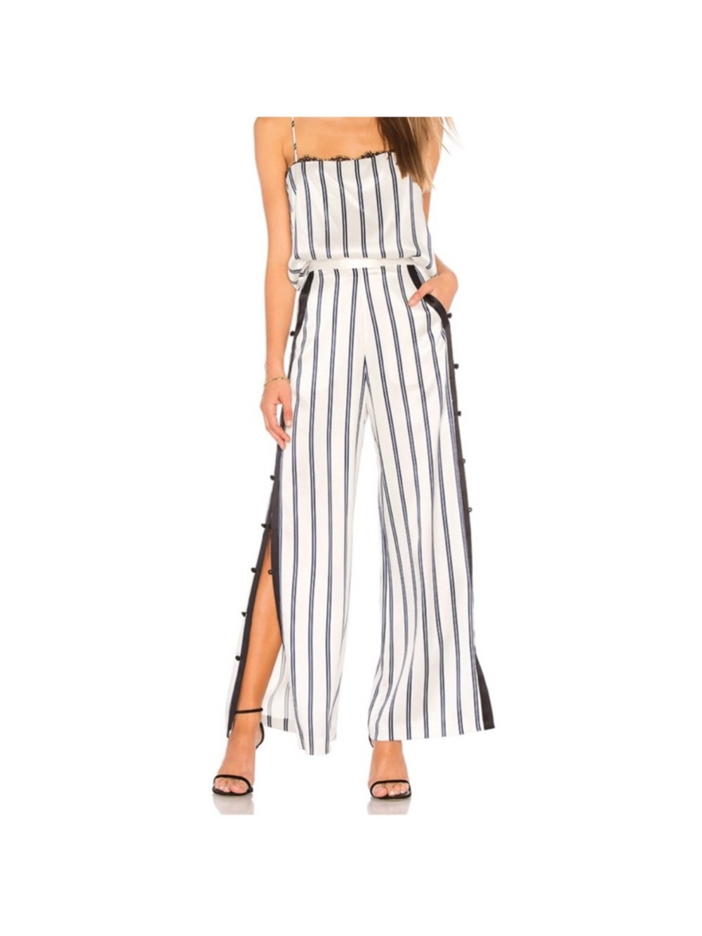 Fleur du Mal Satin Cami + Wide Leg Pant Navy Vertical Stripes and Black Lace